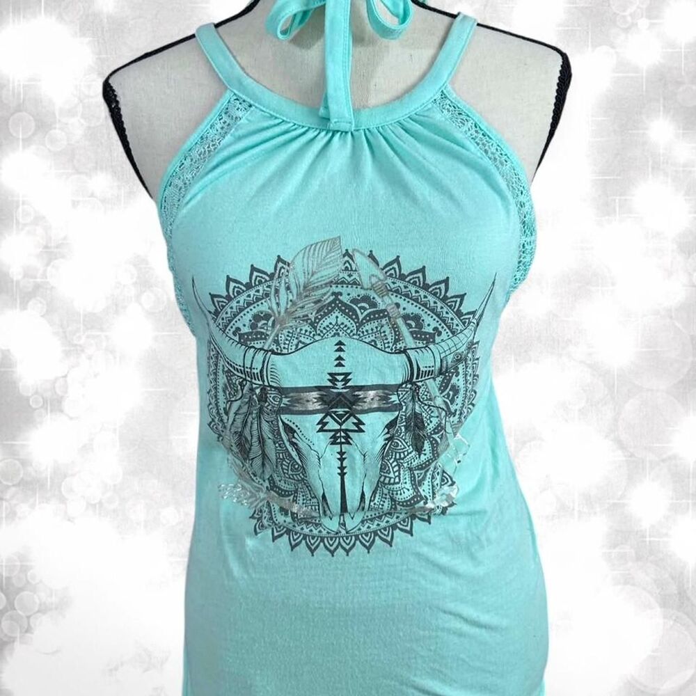 Boho Aesthetic Mint Green Halter Top With Lace Detailing and Tie Back